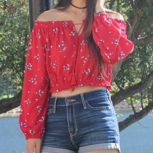 Red floral cropped off-the-shoulder top